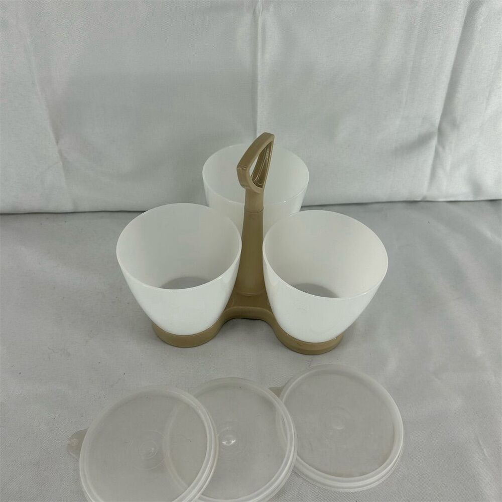 Vintage Tupperware Condiment Caddy 7 Pc Set Almond & White Retro Kitchen